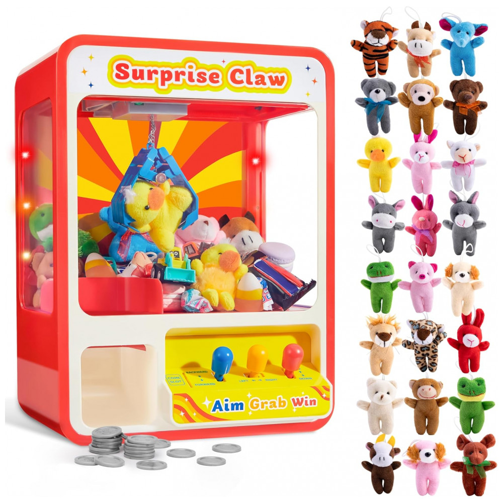 ECTQVKN5VYRC0B_0-1.jpg - Máquina de Garra JOYIN com 24 Mini Pelúcias Animais, LED Colorido, Som Ajustável, Voltagem 5,5V DC, 35 cm Altura, 1,7 kg, Bivolt