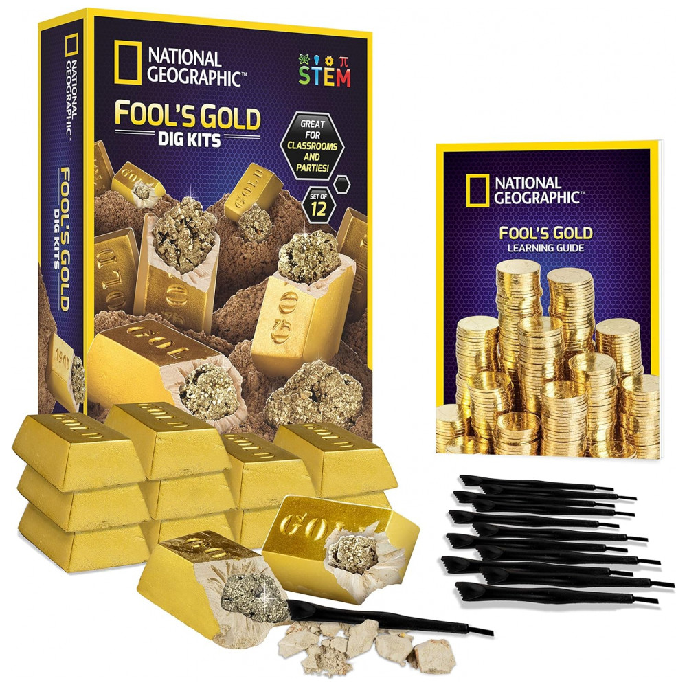 ECTQVLRHS4W70B_0-1.jpg - National Geographic Fool’s Gold Dig Kit Party Pack – 12 Gold Bar Dig Bricks com 2-3 Especimens de Pirita, Kit Educacional STEM para Crianças, Atividade de Festa em Grupo