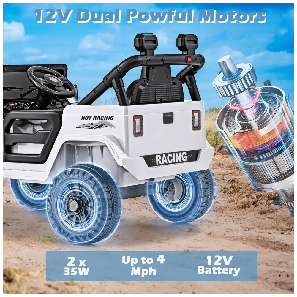 ECTQVY1YQ7DD0B_1-1.jpg - Carro Elétrico Infantil OLAKIDS Branco 12V Controle Remoto Jeep LED Bluetooth 2 Velocidades Suspensão Música USB MP3 3-8 Anos