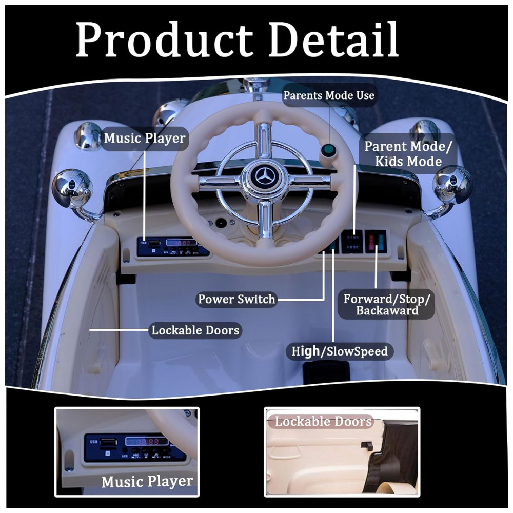 ECTQVZ4RFSRF0B_5-1.jpg - Carrinho Elétrico Infantil Mercedes Benz Licenciado 24V, 2 Lugares, 4WD, Controle Remoto, Modo Pai e Filho, Luzes LED, Bluetooth, Branco