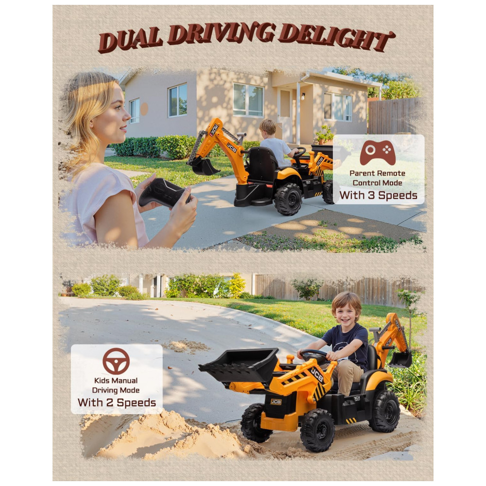 ECTQW1MYV3BF0B_4-1.jpg - Carro Elétrico Infantil 2 Lugares Escavadeira 3 em 1, JCB 3CX Licenciado, 24V, 2 Motores 120W, Controle Remoto, Banco Reversível, Cinto de Segurança