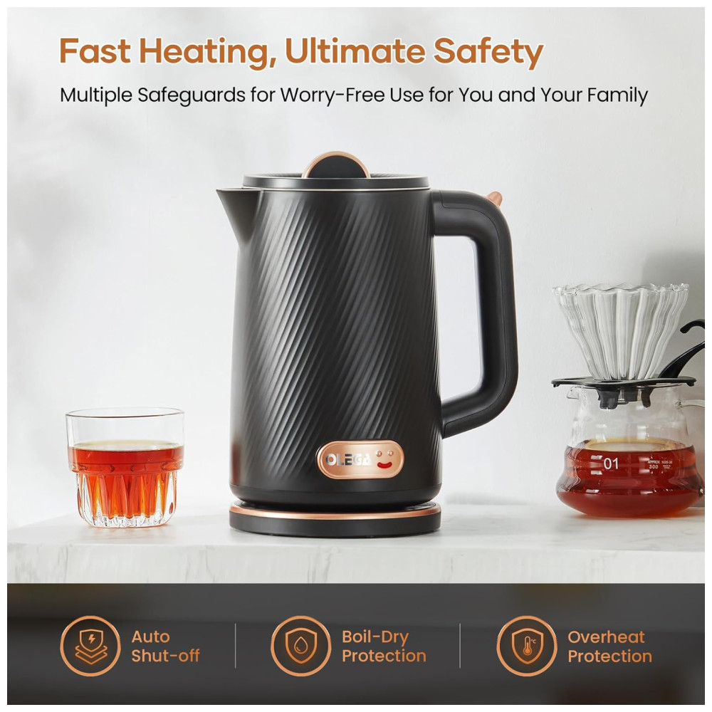 Chaleira Elétrica OLEGA 1500W 1.8L Em Aço Inox para Ferver Água - Desligamento Automático e Proteção Contra Fervura a Seco - Imagem 3