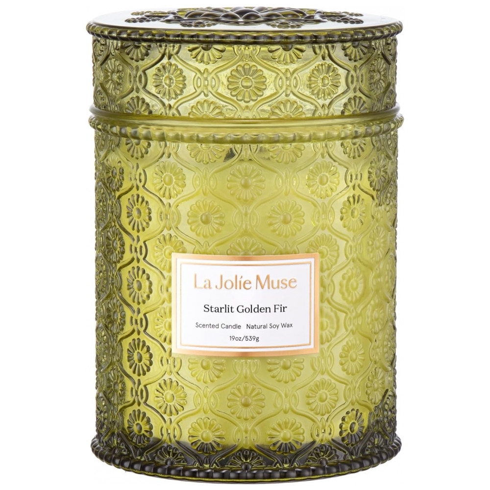 Velas de Natal LA JOLIE MUSE, Pinheiro Estrelado Dourado, Cedro, Bálsamo de Abeto 539 g - Pavio de Madeira - Cera de Soja Natural - Queima Limpa por 9