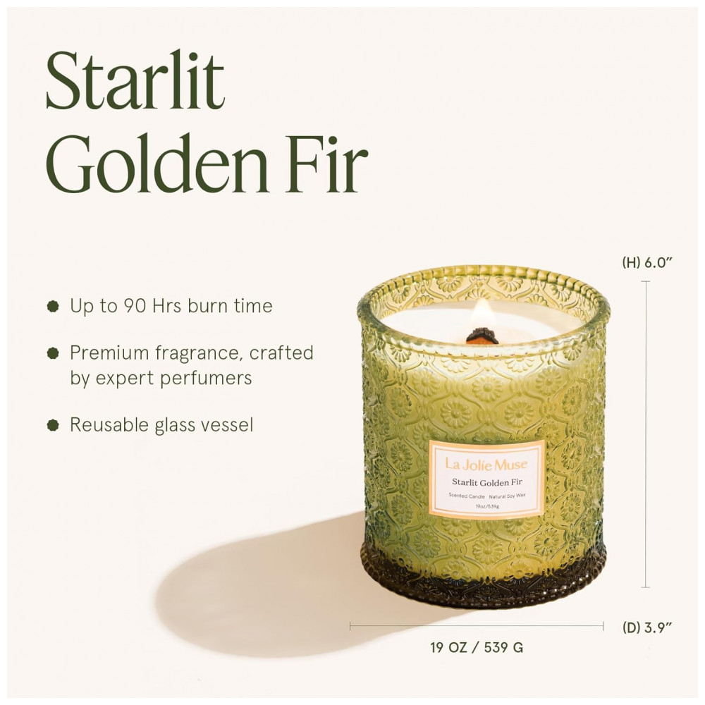 ECTQW5WJ1H880B_4-1.jpg - Velas de Natal LA JOLIE MUSE, Pinheiro Estrelado Dourado, Cedro, Bálsamo de Abeto 539 g - Pavio de Madeira - Cera de Soja Natural - Queima Limpa por 9