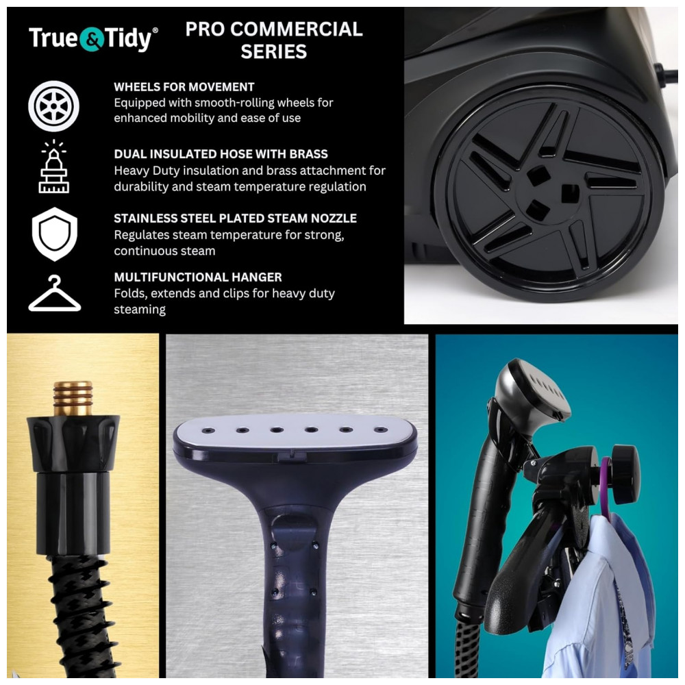 ECTQWDXV5YBD0B_1-1.jpg - True Tidy Steamer de Roupa de Pé Industrial Pesado para Comércio e Residência, 1800 watts, Reservatório de Água XL 3L, 90 minutos de Vapor,