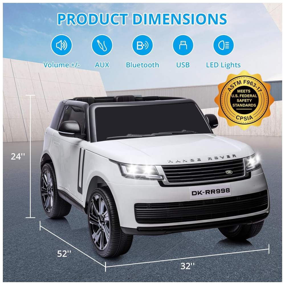 ECTQWFDGJ9NC0B_5-1.jpg - Carrinho Elétrico Infantil Land Rover Licenciado 24V 2 Lugares, 2 Motores 240W, Controle Remoto, Bluetooth, Suspensão, Branco