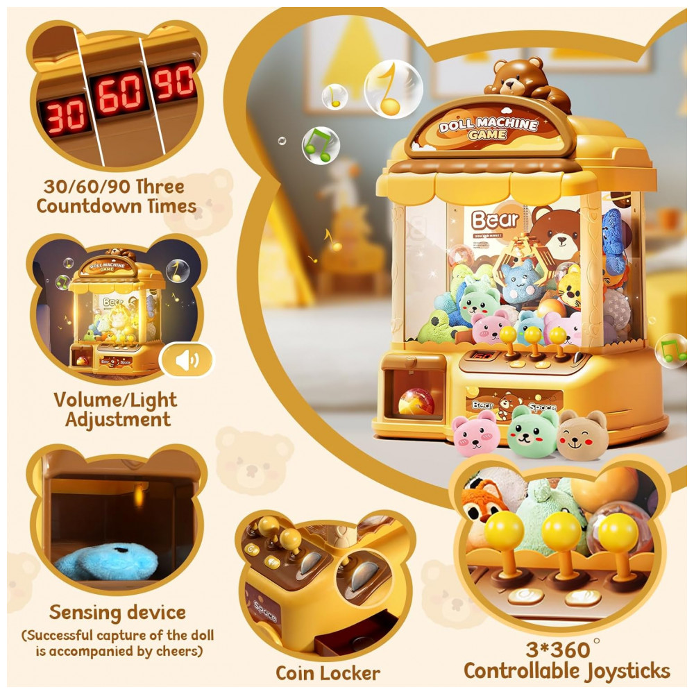 ECTQWGRP645F0B_1-1.jpg - Máquina de Garra Amarela MIAOKE – Mini Arcade Infantil com 30 Mini Brinquedos, 20 Gacha, 24 Moedas e Música Ajustável