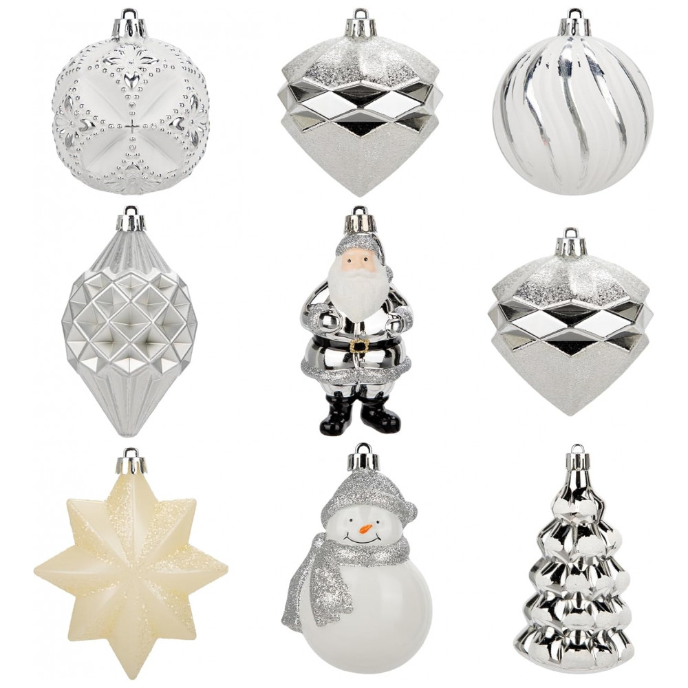 Conjunto de 9 Enfeites de Natal Resistentes a Quebra para Árvore de Natal, Diversos Designs com Boneco de Neve, Papai Noel, Estrela, Villa Como