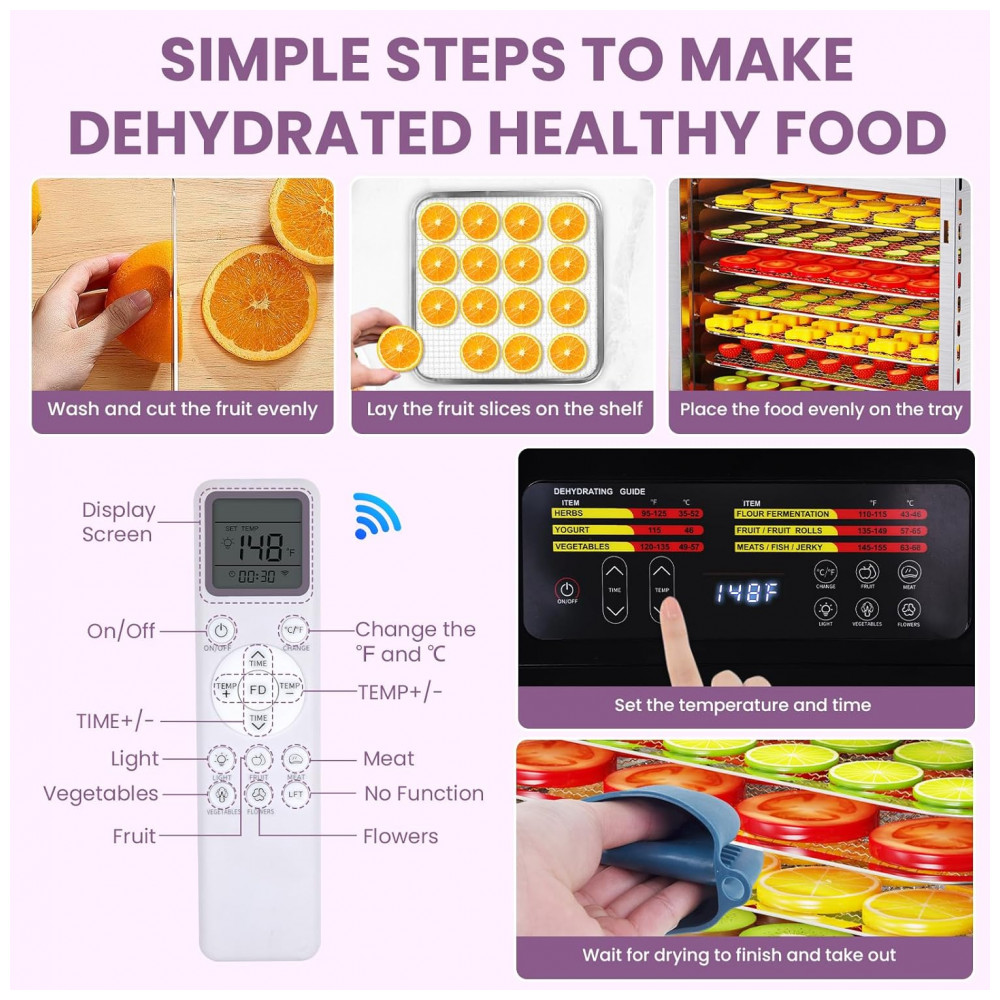 ECTQX17Z38MF0B_1-1.jpg - Desidratador de Alimentos para Jerky, 9 Bandejas de Aço Inoxidável, 800W com Controle Remoto, Temporizador de 24H e Controle de Temperatura a 90°C, fendia