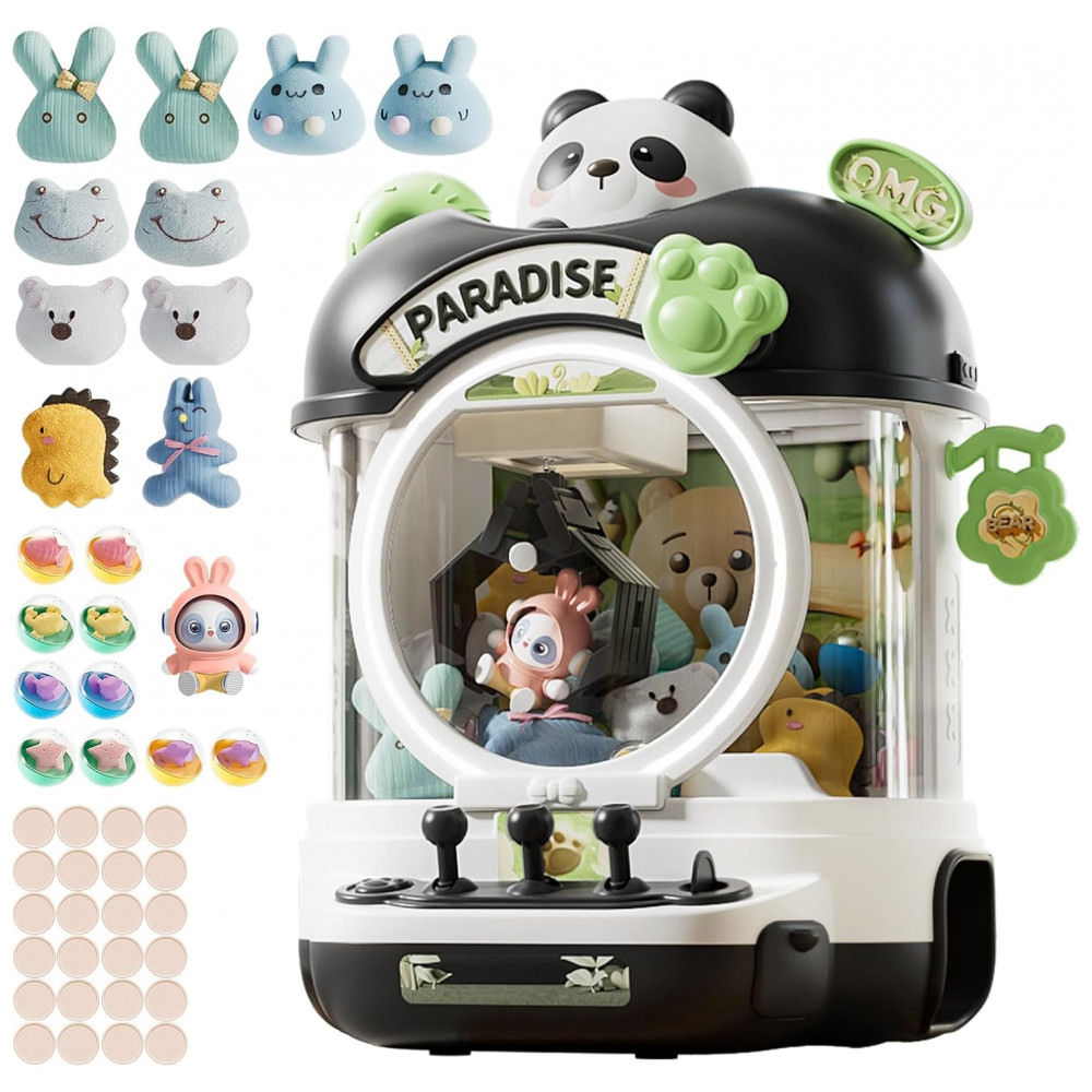 ECTQX2PDQ6CF0B_0-1.jpg - Máquina de Garra Preto e Branco – Mini Arcade Infantil com 10 Pelúcias, 10 Brinquedos, 10 Ovos‑Surpresa, 24 Moedas, Luzes LED e Música