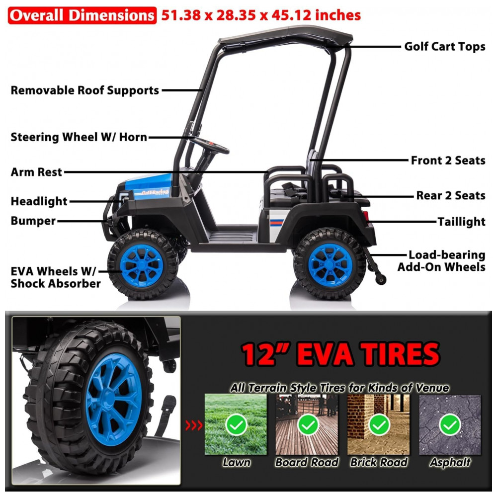 ECTQX9236FWD0B_2-1.jpg - Carrinho Elétrico Infantil 4x4 24V Sopbost, 4 Lugares, Controle Remoto, Suspensão EVA, 4 Motores, MP3 Bluetooth, Azul
