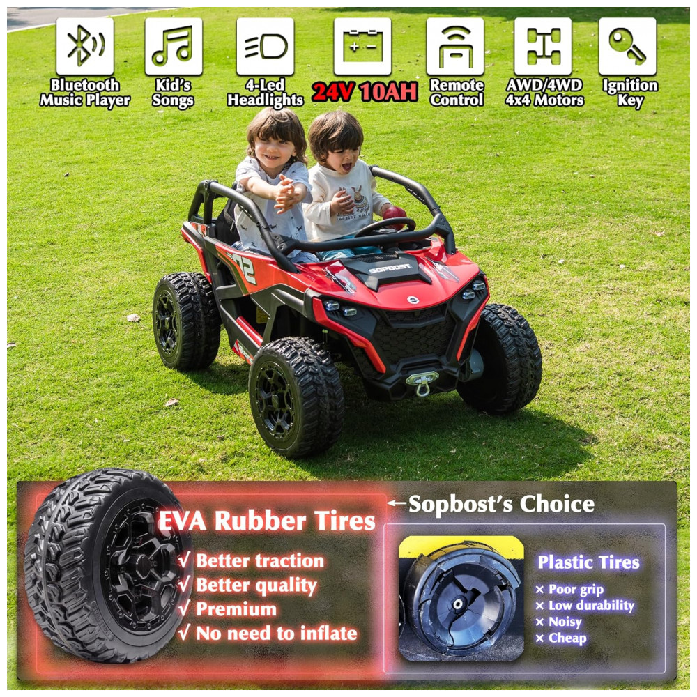 ECTQXCFL4MFD0B_1-1.jpg - Carrinho Elétrico Infantil 4x4 Sopbost XL 24V 10Ah 2 Lugares 4 Motores 75W Controle Remoto Suspensão Molas Bluetooth Vermelho