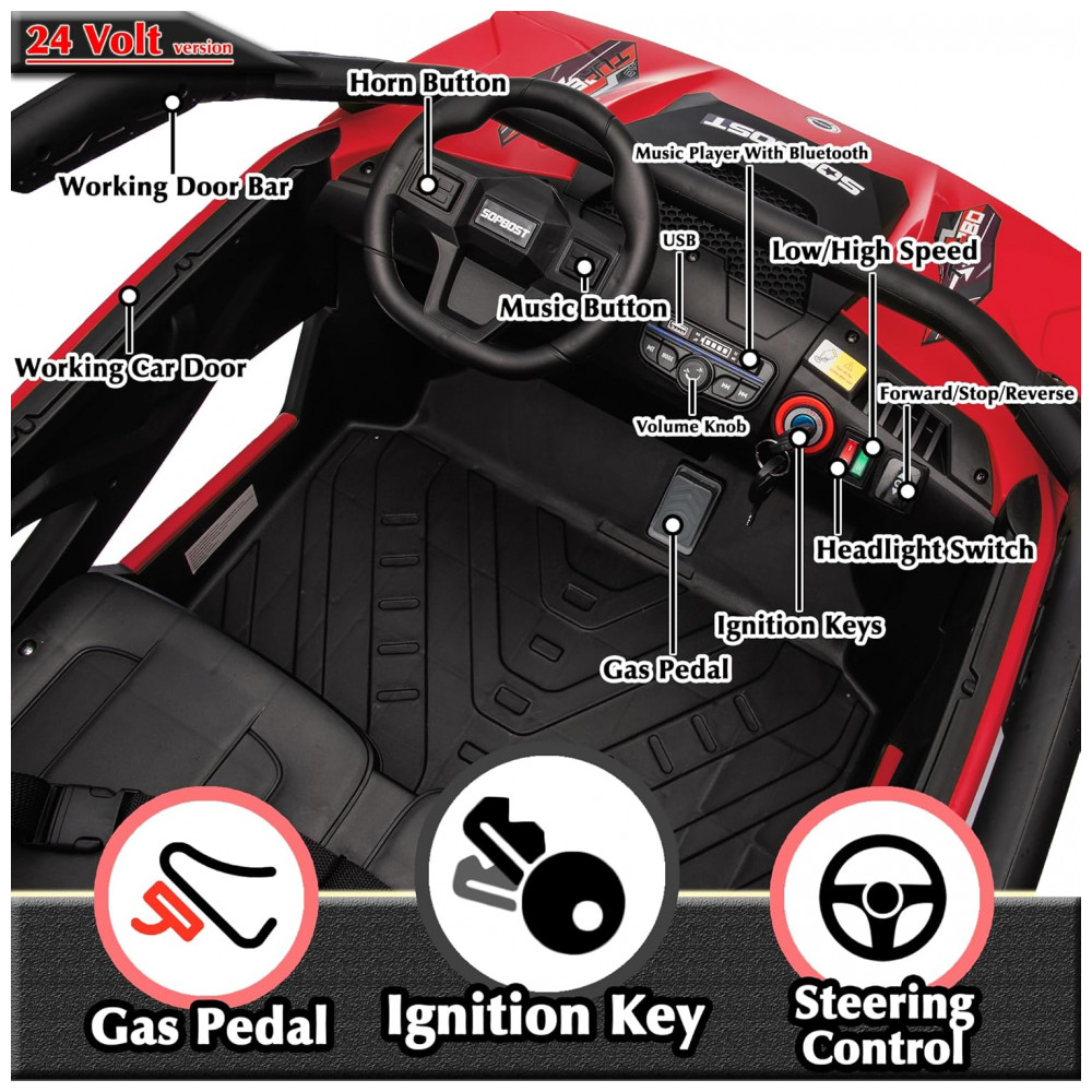 ECTQXCFL4MFD0B_3-1.jpg - Carrinho Elétrico Infantil 4x4 Sopbost XL 24V 10Ah 2 Lugares 4 Motores 75W Controle Remoto Suspensão Molas Bluetooth Vermelho