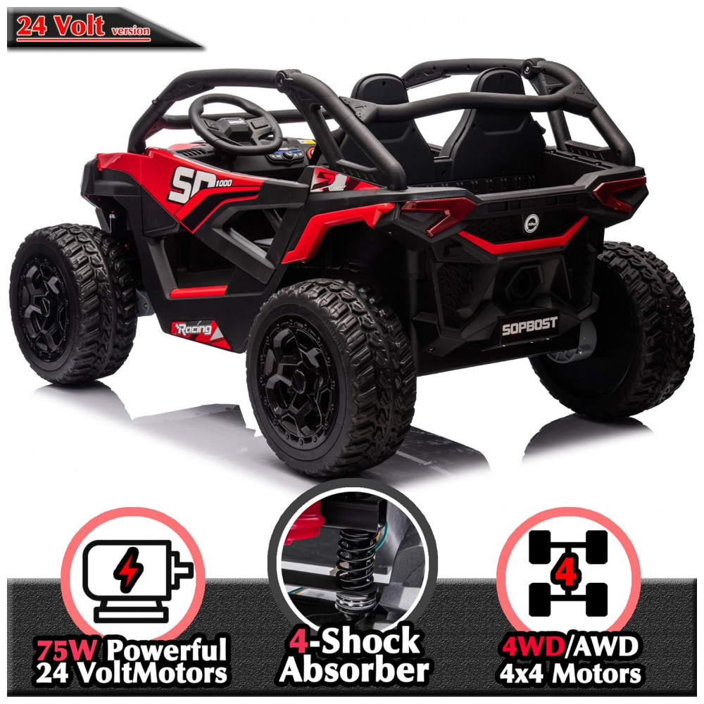 ECTQXCFL4MFD0B_6-1.jpg - Carrinho Elétrico Infantil 4x4 Sopbost XL 24V 10Ah 2 Lugares 4 Motores 75W Controle Remoto Suspensão Molas Bluetooth Vermelho