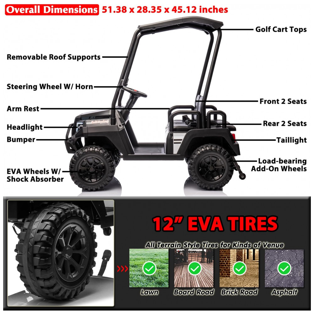 ECTQXDD3W6KD0B_5-1.jpg - Carrinho Elétrico Infantil 4x4 24V Sopbost, 4 Lugares, Controle Remoto, Suspensão EVA, 4 Motores, MP3 Bluetooth, Preto