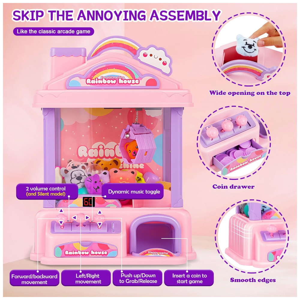 ECTQXGDSWC5C0B_1-1.jpg - ROHSCE Mini Máquina de Garra Rosa para Crianças | Brinquedo Arcade Elétrico com LED e Som Ajustável, Presente de Aniversário para Meninas 4+