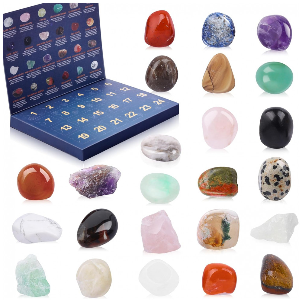 Calendário do Advento de Cristais 2025 para Crianças, 24 Pedras de Cura de Gemas Naturais Calendário do Advento com Rochas e Minerais,VVSBPL,