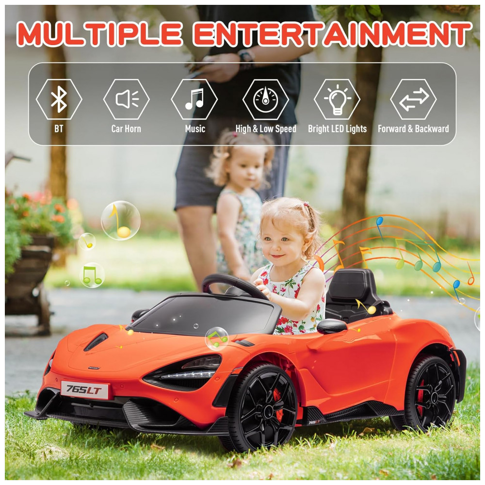 ECTQXPQ832SD0B_1-1.jpg - Carro Elétrico Infantil McLaren765LT MUKIDY Laranja 12V Controle Remoto Música Luzes LED 3 Velocidades Cinto Segurança Modelo Licenciado