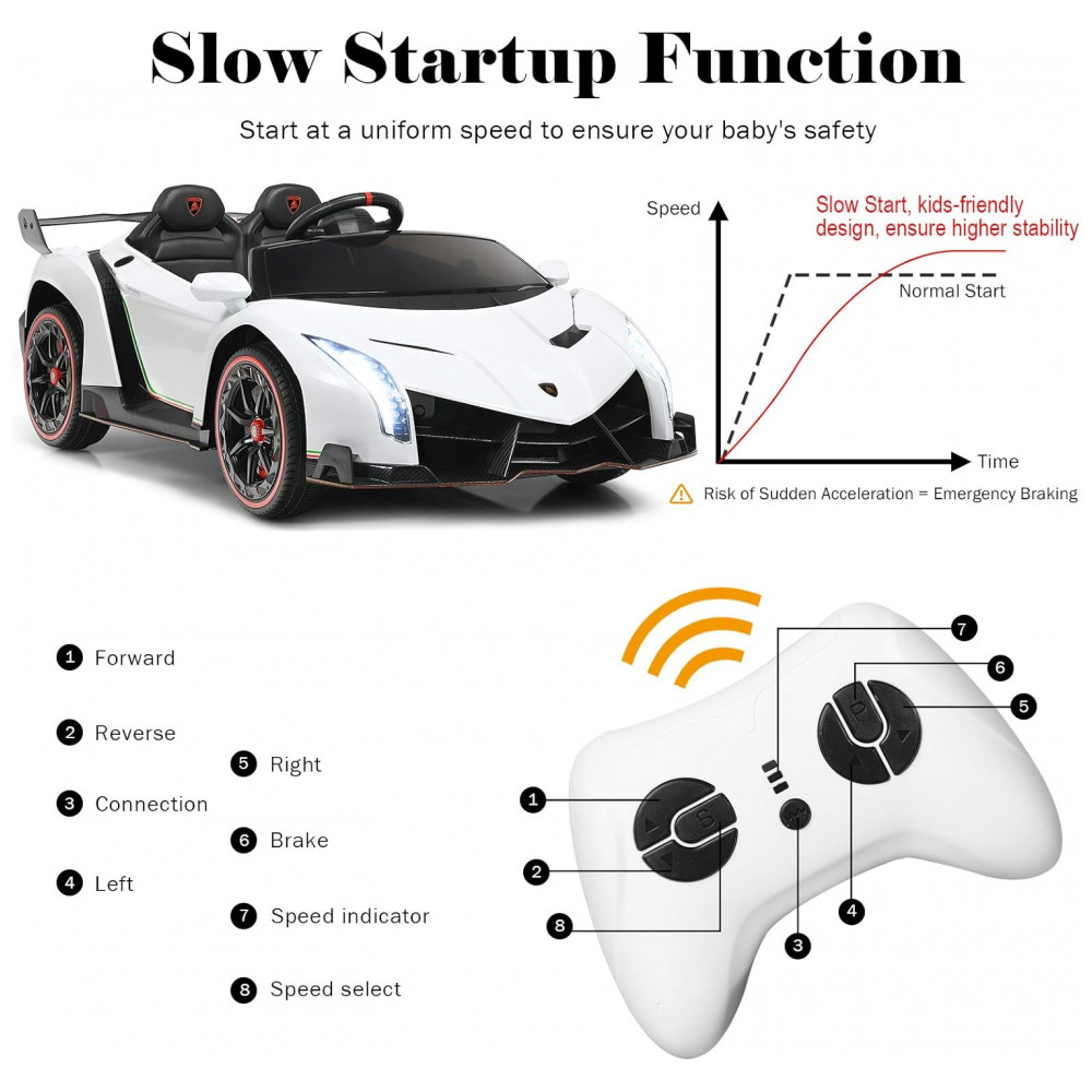 ECTQXQ33QTP80B_2-1.jpg - Carro Elétrico Infantil Lamborghini Licenciado 12V, 2 Lugares, 2 Motores 240W, Controle Remoto 2.4G, Música Bluetooth, Branco