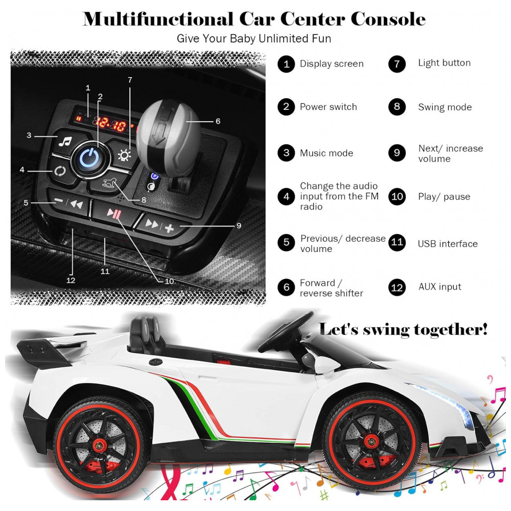 ECTQXQ33QTP80B_3-1.jpg - Carro Elétrico Infantil Lamborghini Licenciado 12V, 2 Lugares, 2 Motores 240W, Controle Remoto 2.4G, Música Bluetooth, Branco