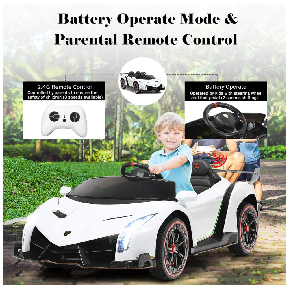 ECTQXQ33QTP80B_4-1.jpg - Carro Elétrico Infantil Lamborghini Licenciado 12V, 2 Lugares, 2 Motores 240W, Controle Remoto 2.4G, Música Bluetooth, Branco