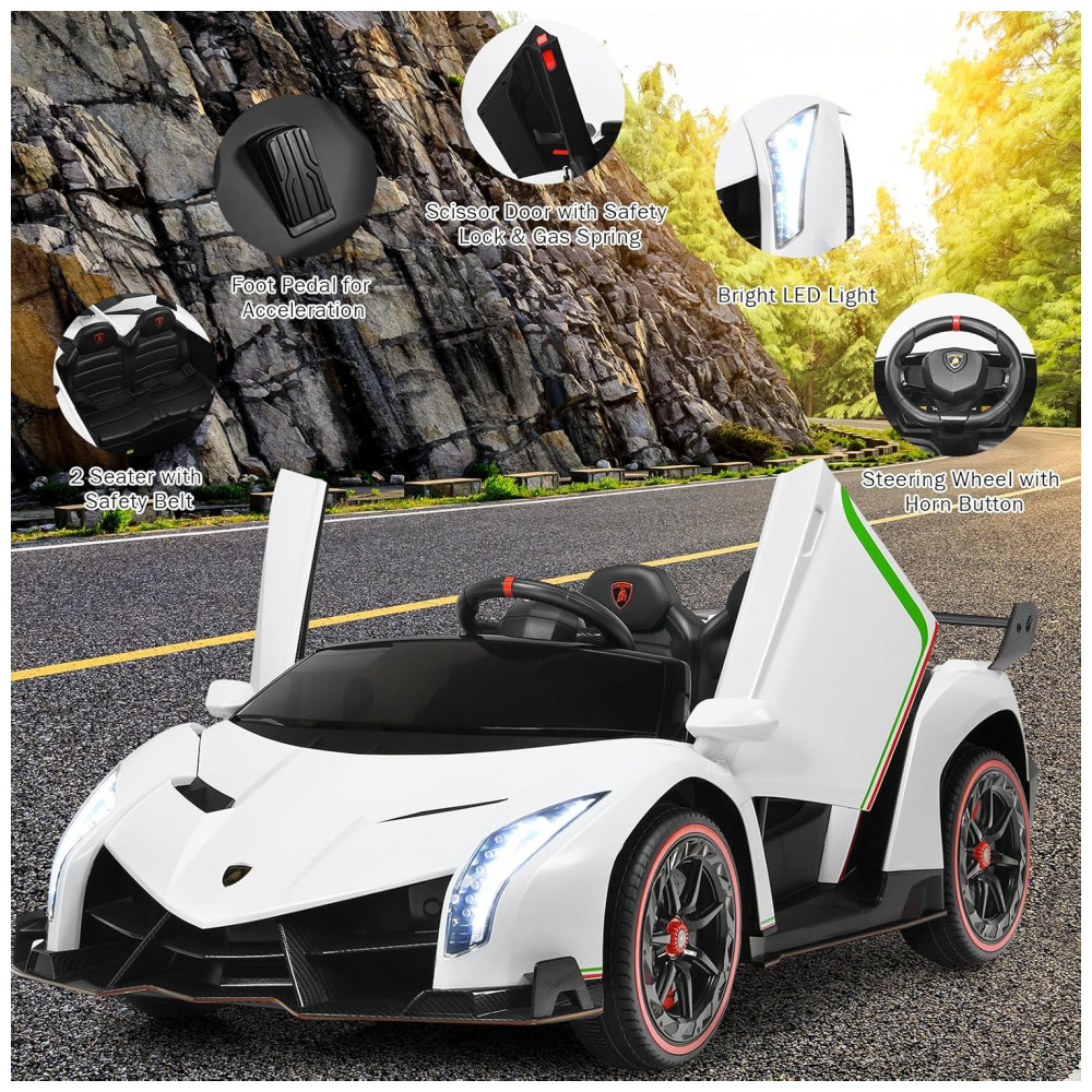 ECTQXQ33QTP80B_7-1.jpg - Carro Elétrico Infantil Lamborghini Licenciado 12V, 2 Lugares, 2 Motores 240W, Controle Remoto 2.4G, Música Bluetooth, Branco