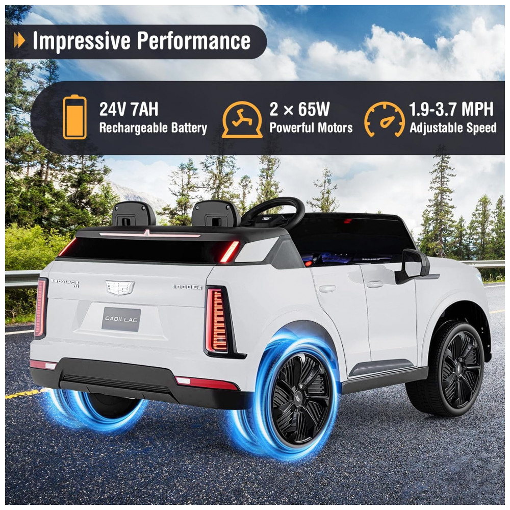 ECTQY1VXDVHF0B_3-1.jpg - Carro Elétrico Infantil Licenciado Costzon Cadillac 24V 2 Lugares, Controle Remoto, Suspensão 4 Rodas, Música, Luzes LED, Branco
