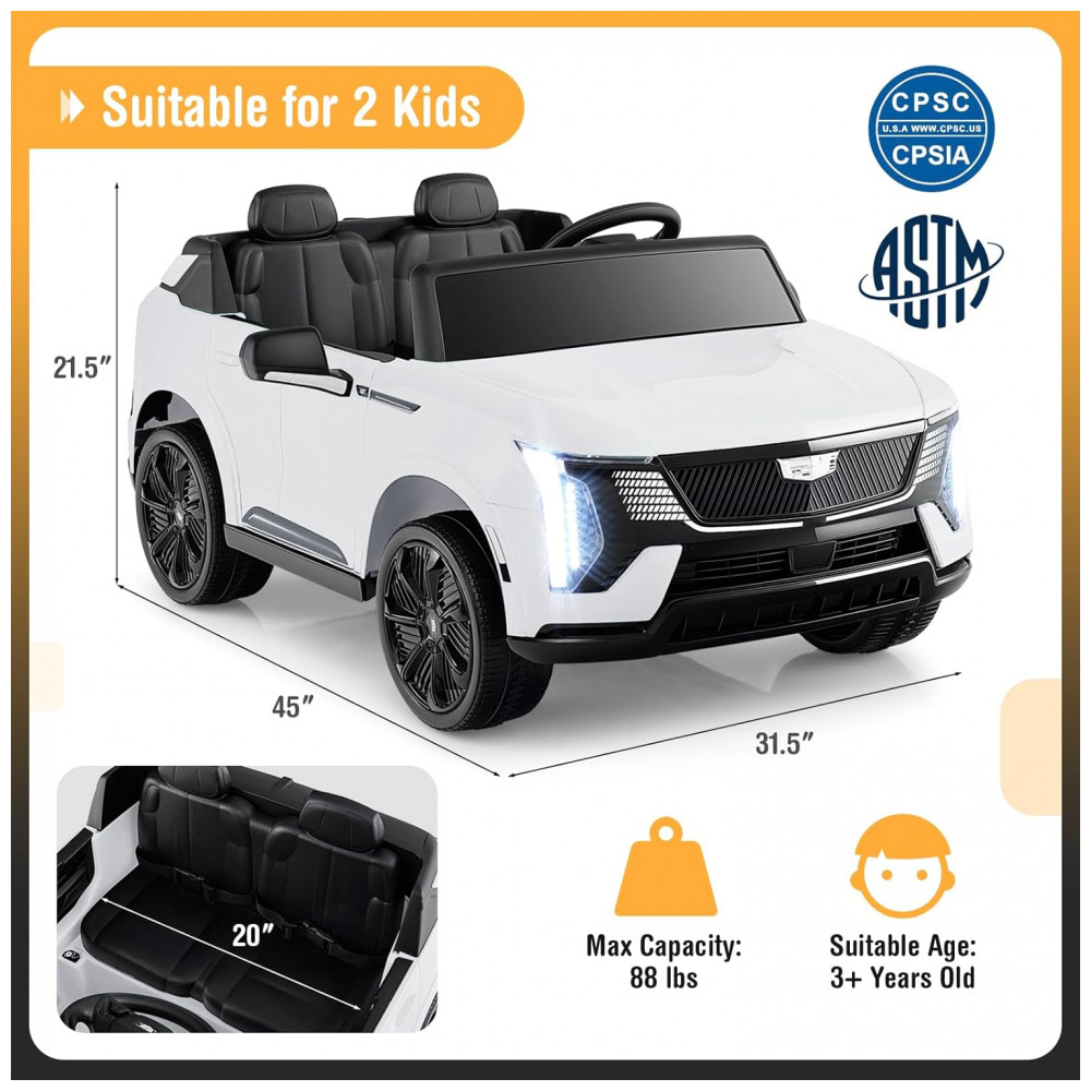 ECTQY1VXDVHF0B_6-1.jpg - Carro Elétrico Infantil Licenciado Costzon Cadillac 24V 2 Lugares, Controle Remoto, Suspensão 4 Rodas, Música, Luzes LED, Branco