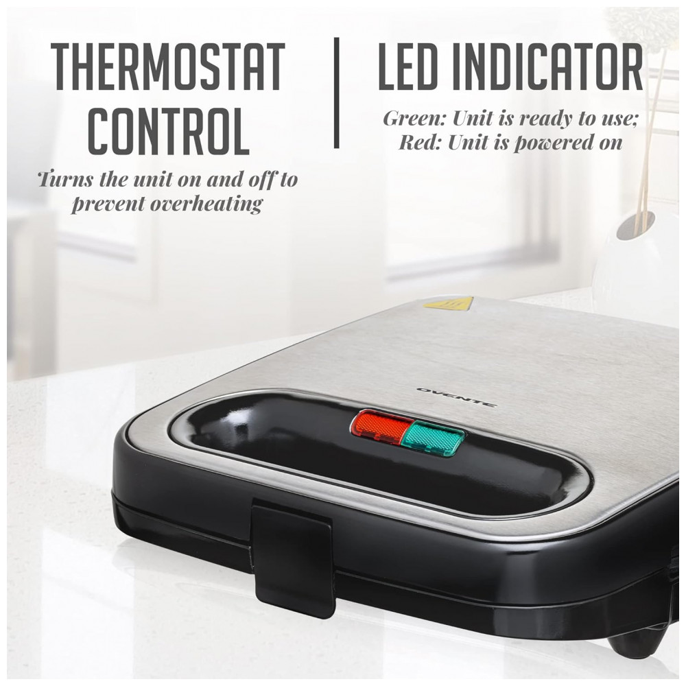 ECTQY2498T4B0B_2-1.jpg - Grelha Elétrica para Panini OVENTE com Placas Antiaderentes, Luzes Indicadoras de LED, Controle de Termostato, Cabo de Toque Frio, Sanduicheira Compac