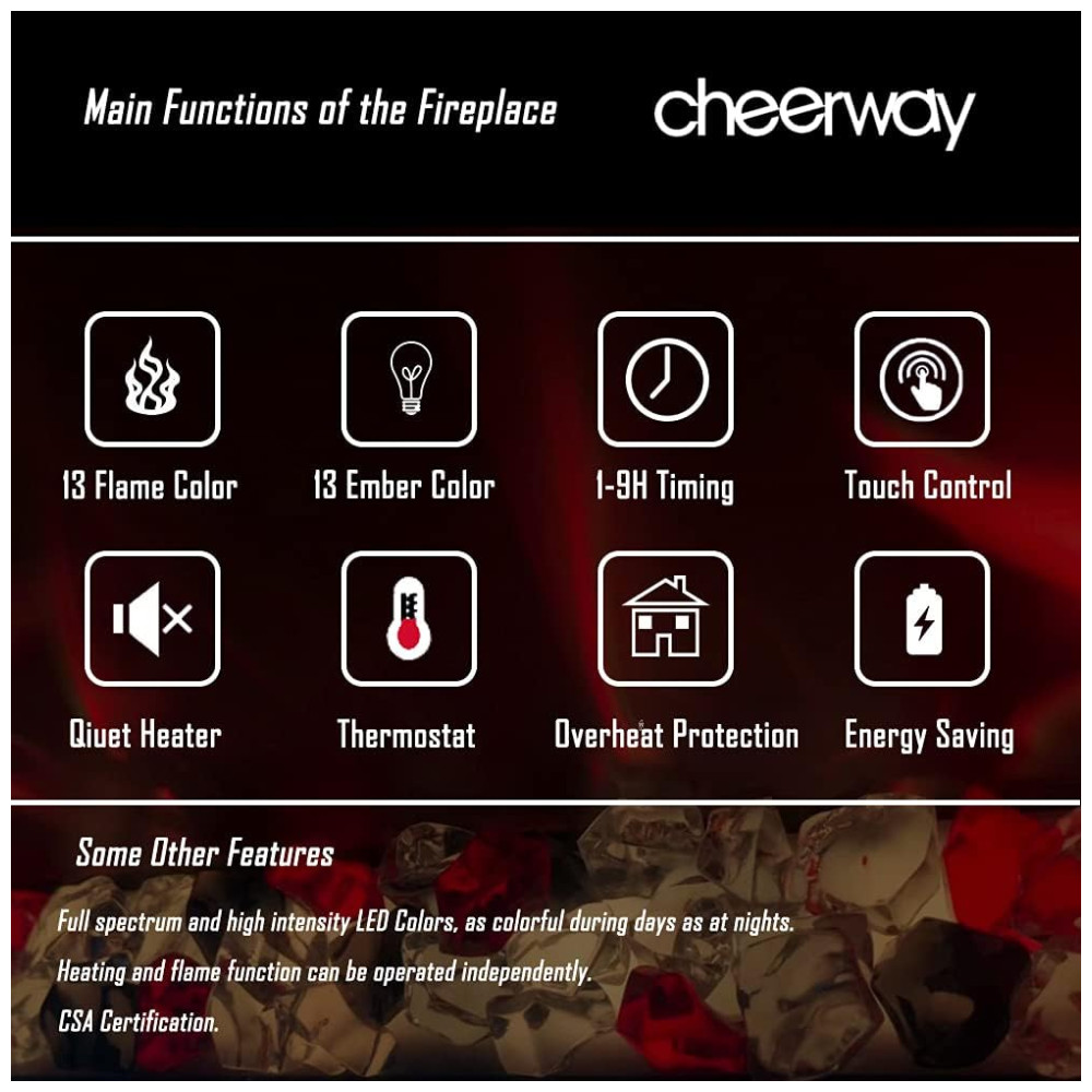 ECTQY4K7YZ290B_1-1.jpg - Lareira Elétrica de Embutir A45x91L com Controle Remoto e Digital Luz LED Chama Ajustável e Temporizador 1500W 110v CHEERWAY Preto