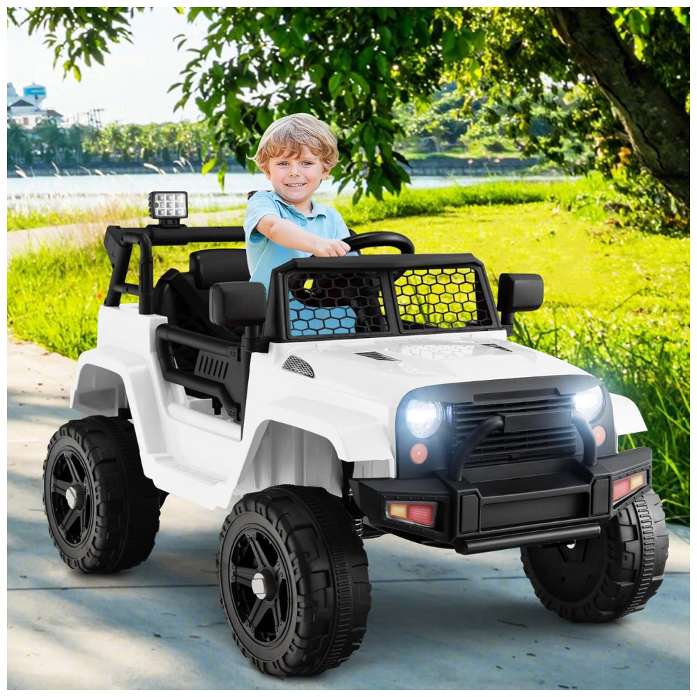 ECTQY6634SLB0B_1-1.jpg - Caminhão Elétrico Infantil OLAKIDS Branco 12V Jeep 2 Velocidades Controle Remoto Suspensão Porta Dupla LED Música USB MP3 TF