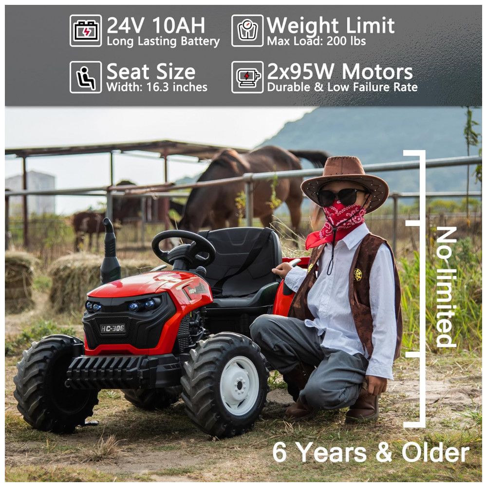 ECTQYCZJW6JD0B_1.jpg - Trator Elétrico Infantil Sopbost 24V 10Ah 2WD Reboque Elétrico Rodas EVA Grande Suspensão Traseira Controle Remoto 90kg Vermelho
