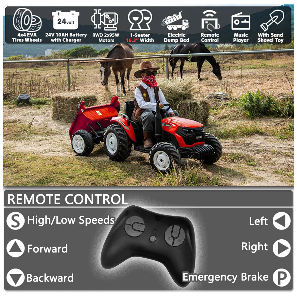 ECTQYCZJW6JD0B_4.jpg - Trator Elétrico Infantil Sopbost 24V 10Ah 2WD Reboque Elétrico Rodas EVA Grande Suspensão Traseira Controle Remoto 90kg Vermelho