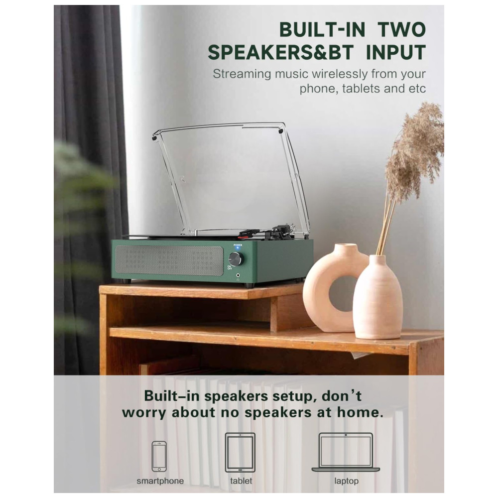 Toca-discos de Vinil com Alto-falantes, Bluetooth, 3 Velocidades, Auto Stop, Design Vintage - Verde Grama,WOCKODER - Imagem 4