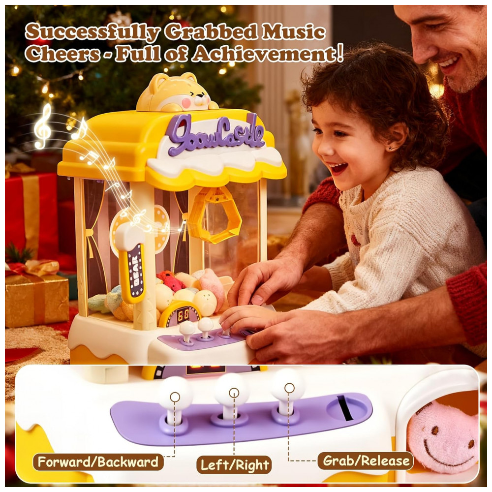 ECTQYS7B7FPF0B_1-1.jpg - Máquina de Garra Amarela e Roxa CL FUN – Arcade Infantil com Som, Moedas de Jogo e Prêmios para Crianças