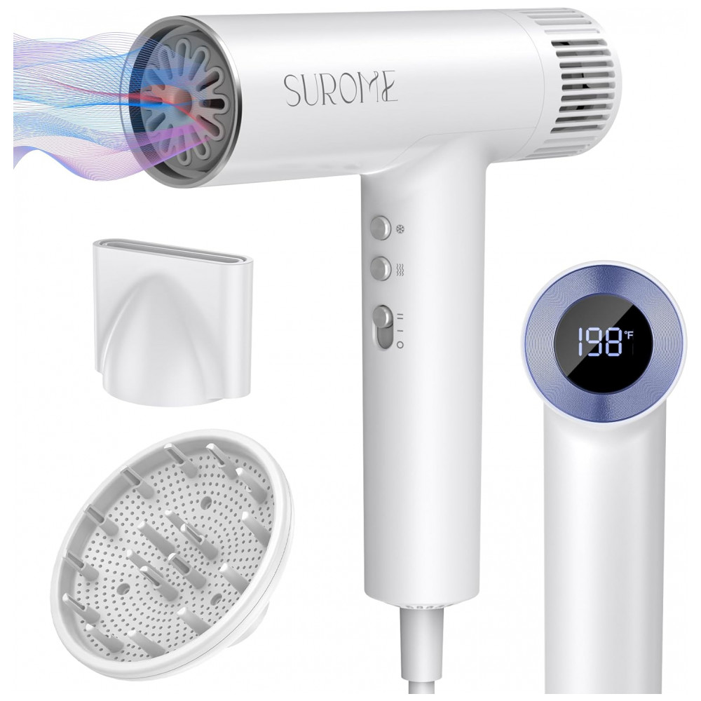 Secador de Cabelo White SUROME, Motor Brushless de 110.000 RPM, Íons Negativos para Secagem Rápida e Cuidado Capilar Inteligente, Profissional com Ace