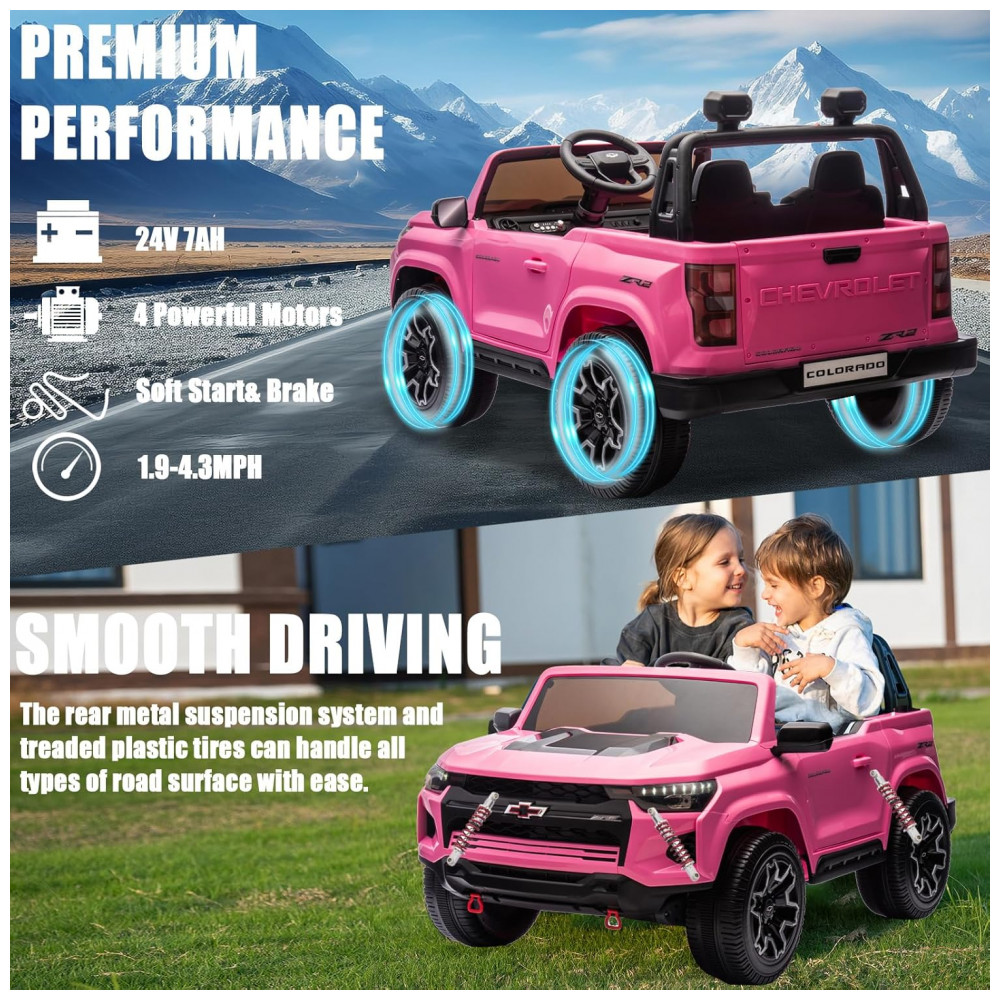 ECTQYVBBG4PD0B_1-1.jpg - Carro Elétrico Infantil Chevrolet Colorado Licenciado 24V 2 Lugares 4WD Controle Remoto Música Alarme Megafone Rosa