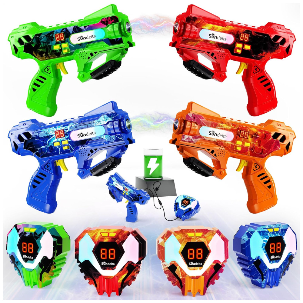Conjunto de Pistola de Brinquedo com Laser Tag, 4 Armas, 4 Coletes que Exibe a Pontuação em LED Digital para Adolescentes, Sundelta, Colorido