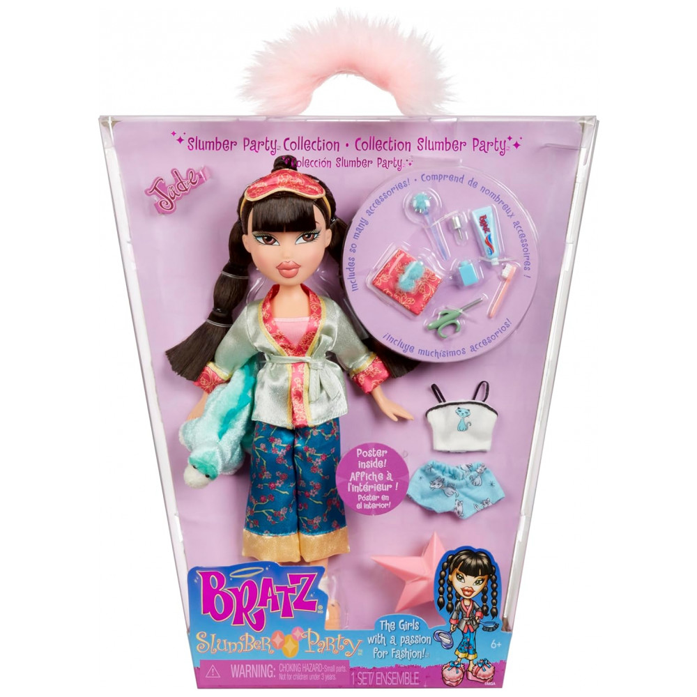 Boneca de Moda Bratz Slumber Party Jade com 2 Conjuntos de Pijamas, Pelúcia e Acessórios