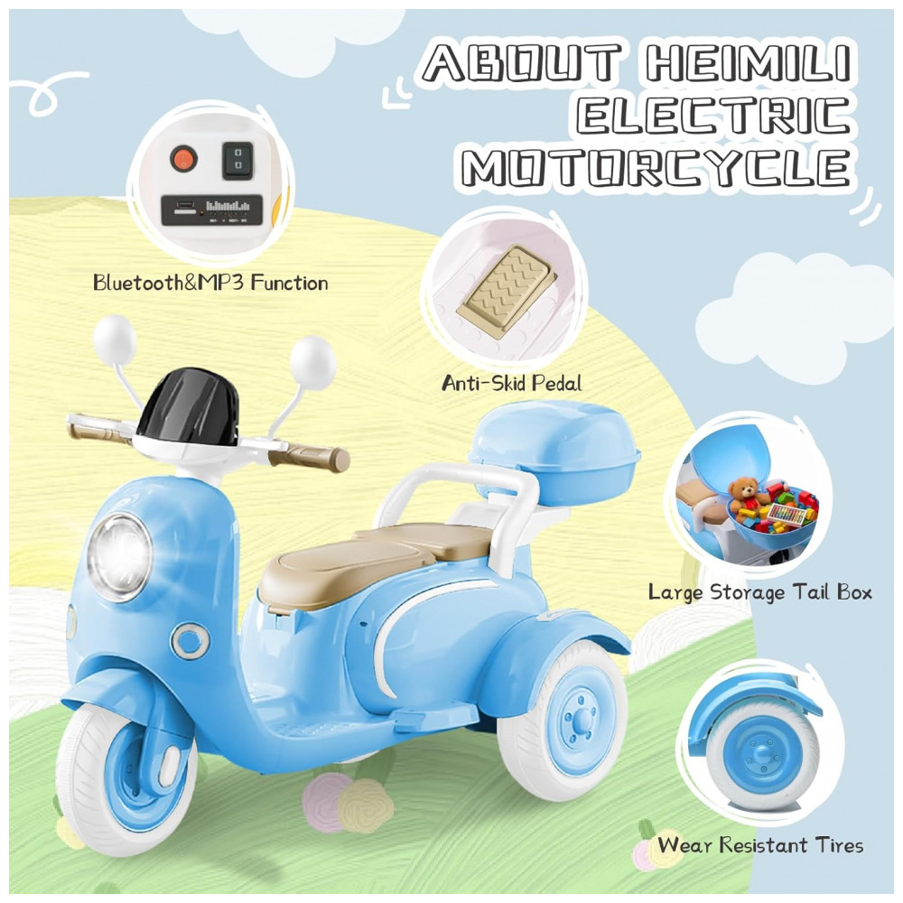 ECTQZFKL3R4F0B_1-1.jpg - Moto Elétrica Infantil HEIMILI 12V Azul 3 Rodas 2 Lugares com Bluetooth MP3 Baú e Estabilidade