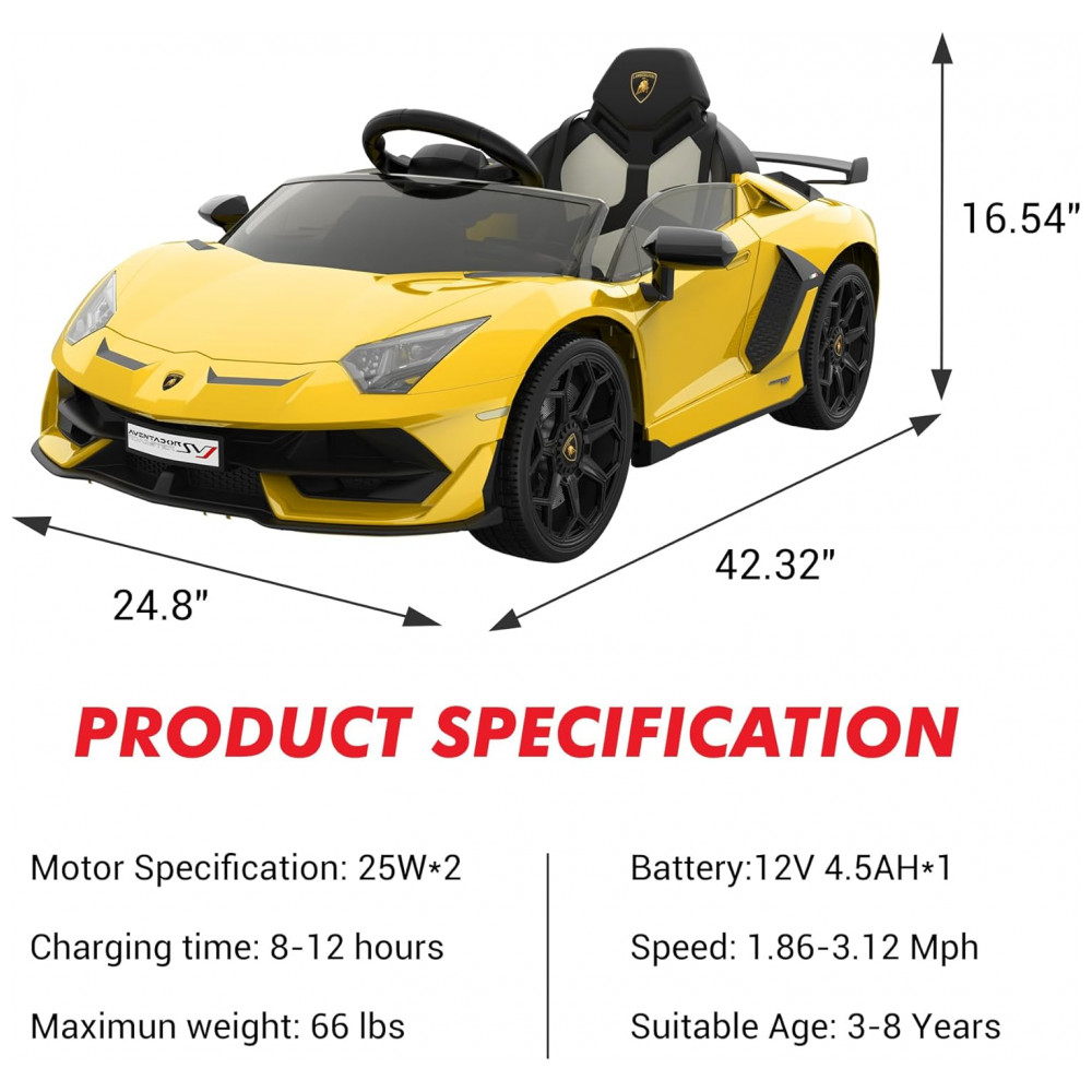 ECTQZFXVQ2XF0B_5-1.jpg - Carro Elétrico Infantil Lamborghini Licenciado 12V SLEKVERSA, Controle Remoto, 2 Velocidades, Suspensão, Música, Luzes LED, Amarelo