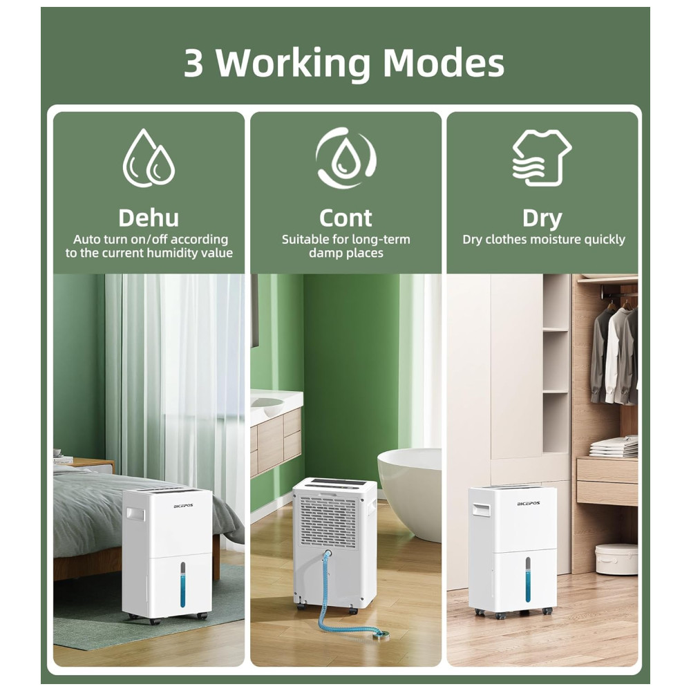 Desumidificador Bicepos 139m² para porão,9,93 litros para Casa com Mangueira de Drenagem, Drenagem Contínua, Filtro Lavável, um Desumidificador Inteligente. - Imagem 7
